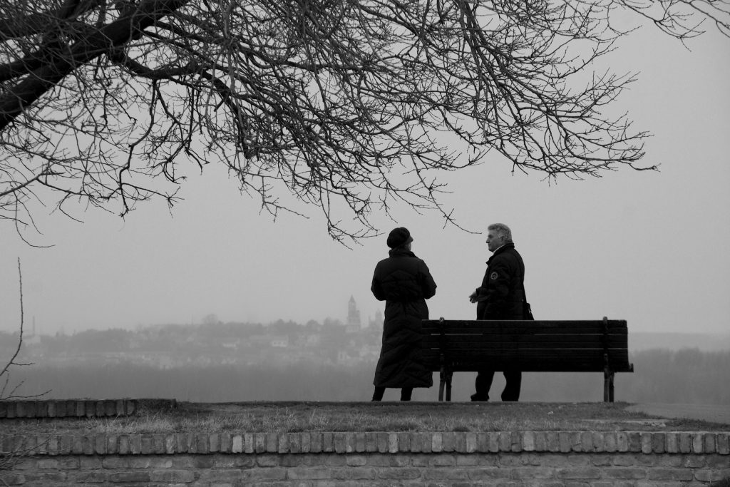 Two people standing by a bench under bare tree branches on a foggy day