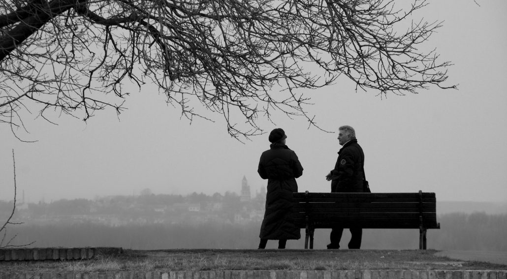 Two people standing by a bench under bare tree branches on a foggy day