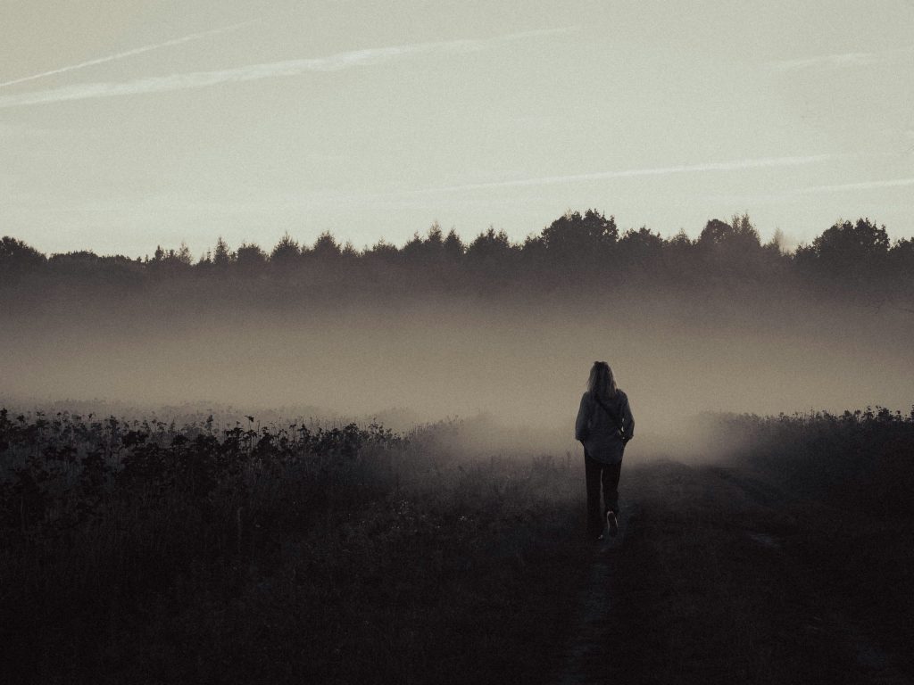 Person standing on a dirt road in the middle of a field